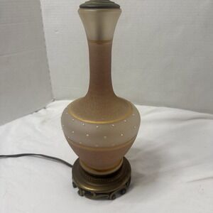 Vintage Satin Frosted Pink Art Glass Genie Bottle Lamp Gold Dot MCM Boho Czech